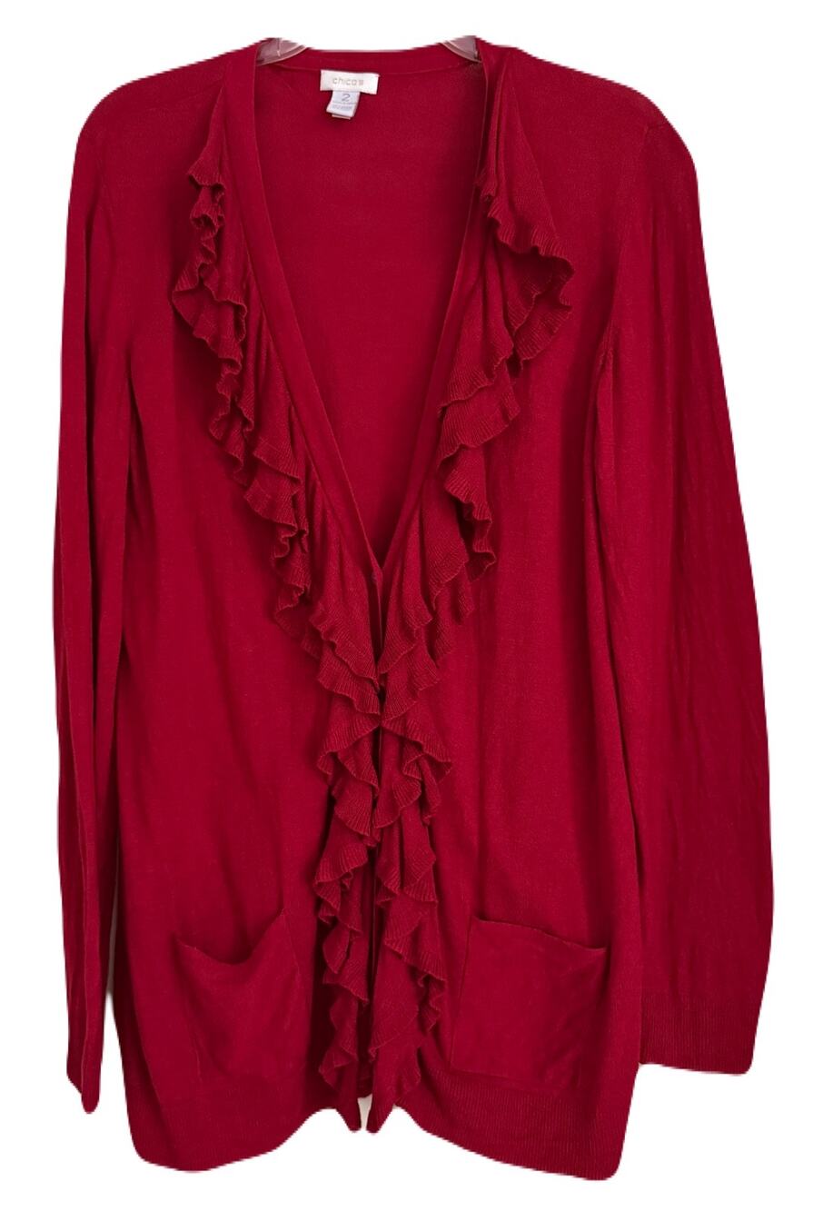 Chico's Red Ruffle Front Lightweight Cardigan - Size Large (Chico's 2)